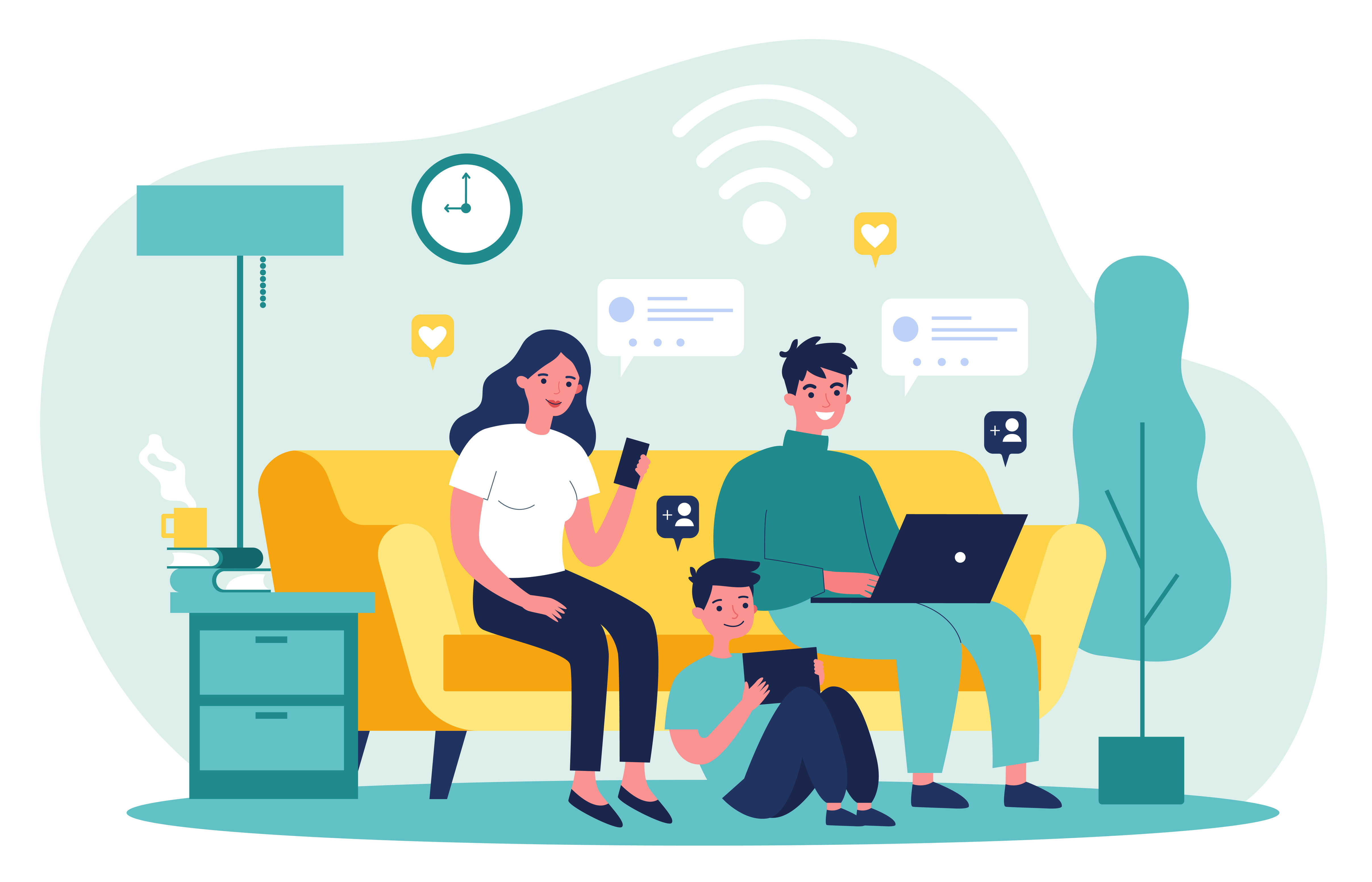 illustration of family at home all on devices